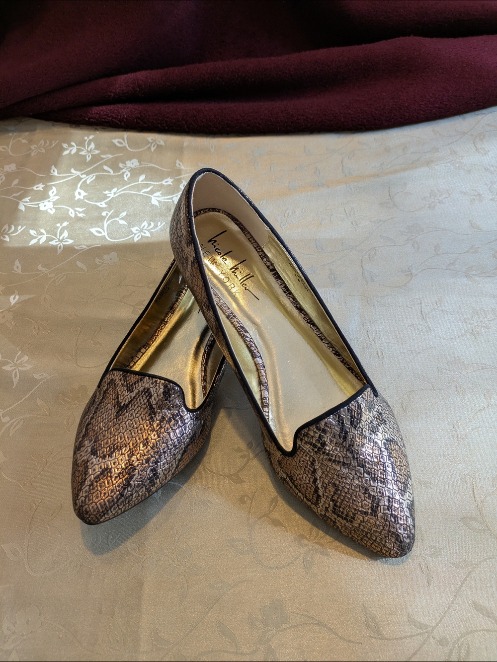 Nicole Miller Metallic Snakeskin-Print Pointed Toe Flats - Brown/Gold